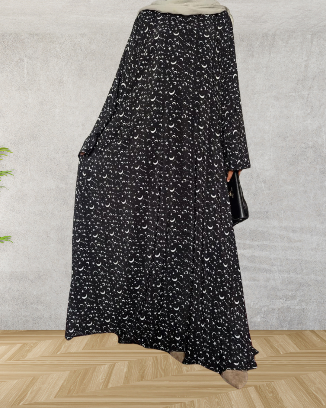 printed star and moon umbrella abaya