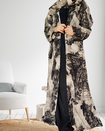 Printed Double Layer Abaya With Sizing belt and matching Scarf