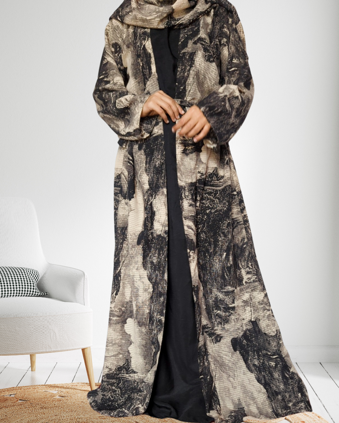 Printed Double Layer Abaya With Sizing belt and matching Scarf