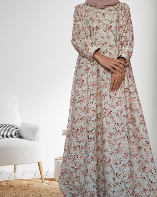 floral Cream and Pink Abaya with cuff sleeves