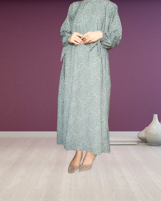 Green And Cream Dail Abaya With Bow Style SLeeves