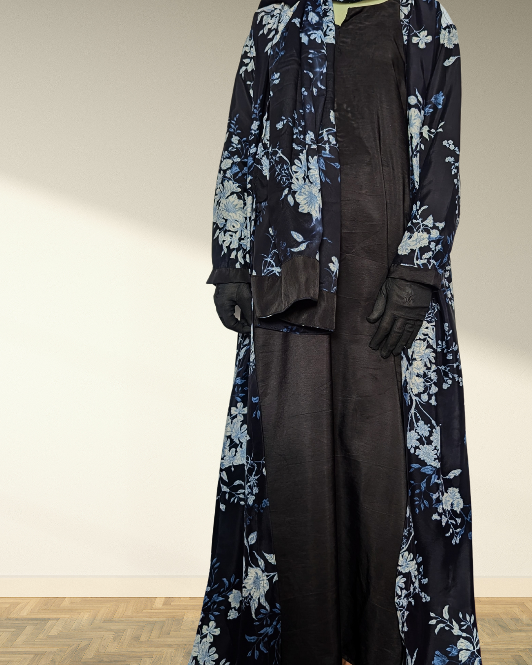 printed double layer abaya with sizing belt and scarf