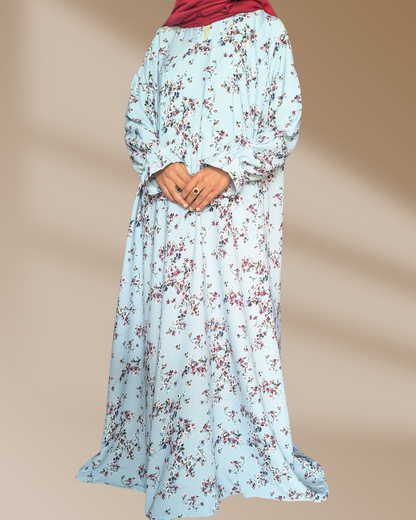 Sky Floral Printed Abaya With Elastic Freel sleeves