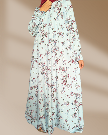 Sky Floral Printed Abaya With Elastic Freel sleeves