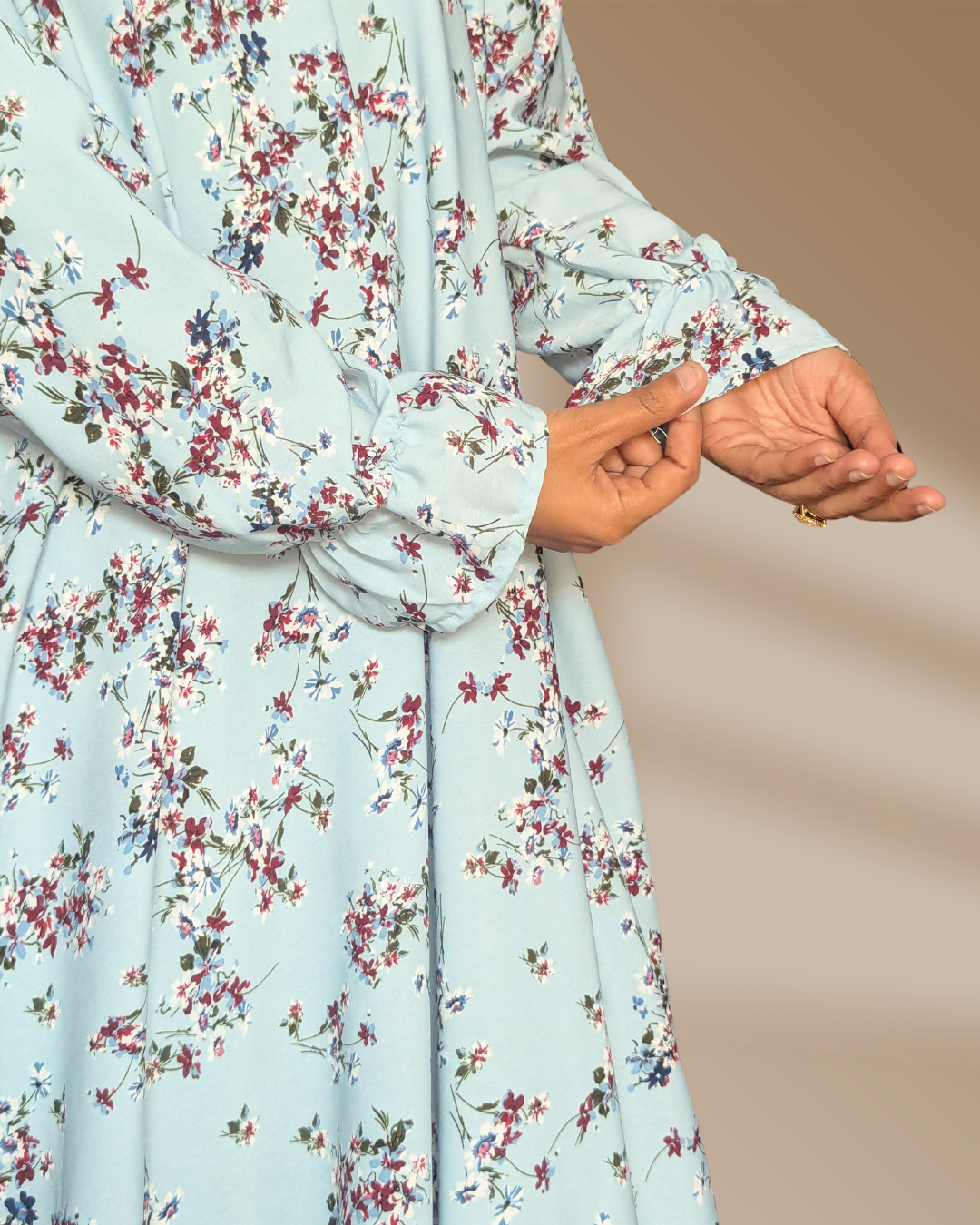 Sky Floral Printed Abaya With Elastic Freel sleeves