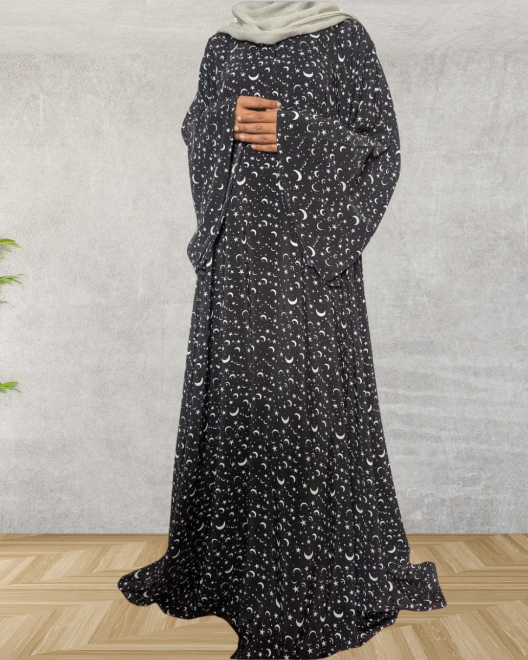 printed star and moon umbrella abaya